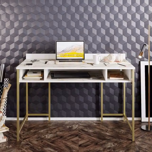 Decorotika Tumata Computer Desk in White and Gold
