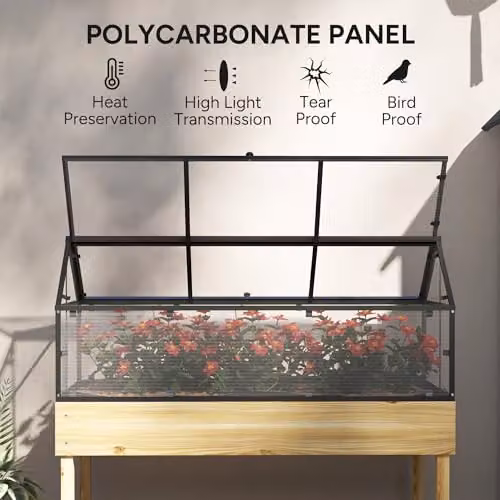 Outsunny Raised Garden Bed with Polycarbonate Cold Frame Greenhouse in Sand – 3