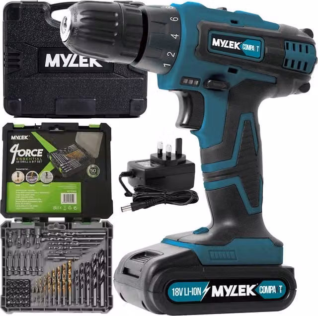 MYLEK Cordless Drill with 4ORCE 50 Piece Accessory Kit in Blue and Black