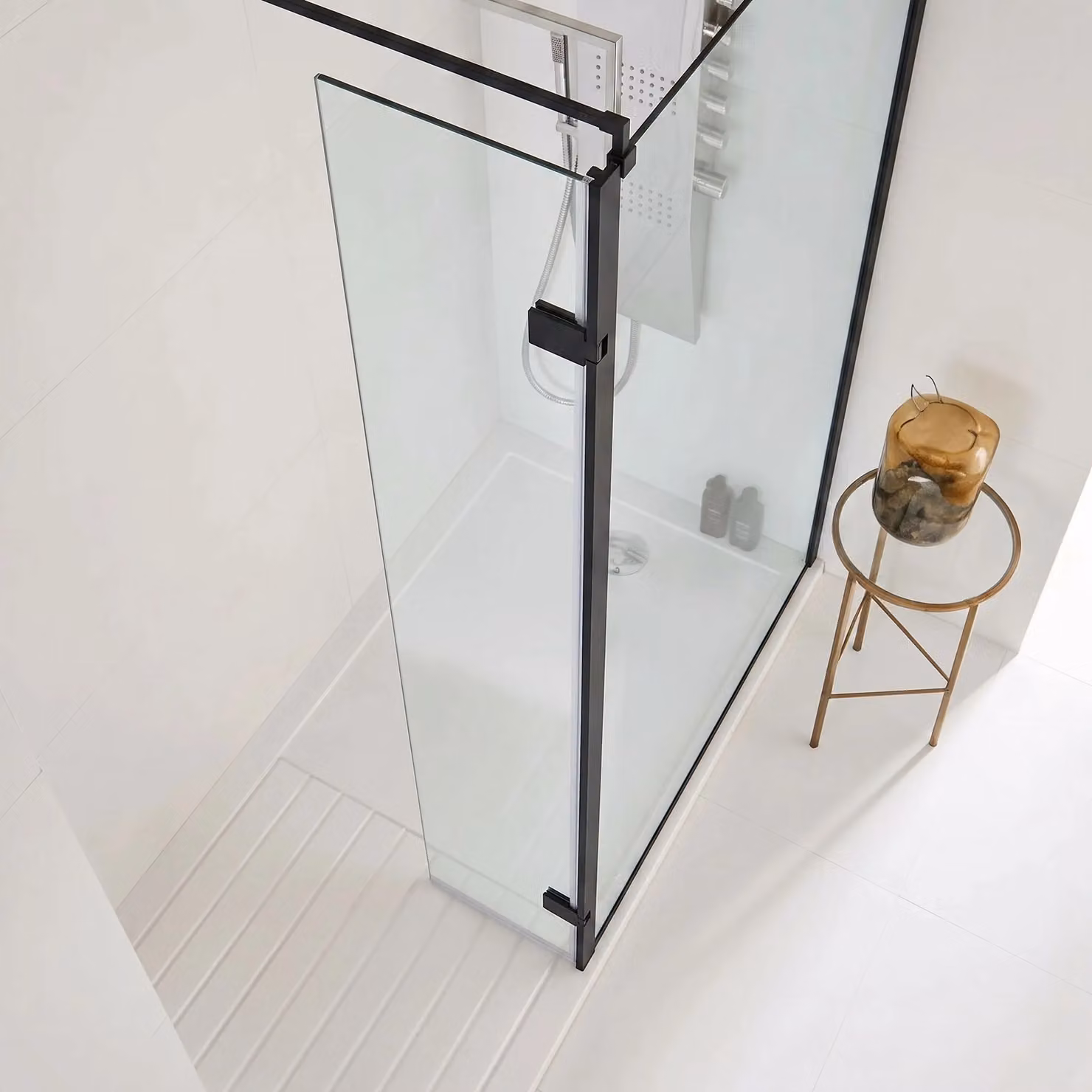 Balterley 8mm Hinged Return Screen and Support Bar with Matt Black Finish, W: 30.0 cm, H: 185.0 cm – 2