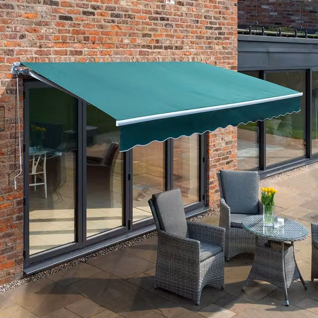 Primrose Manual Retractable Folding Arm Awning with White Aluminium Frame, Plain Green, W: 4 m, D: 3 m