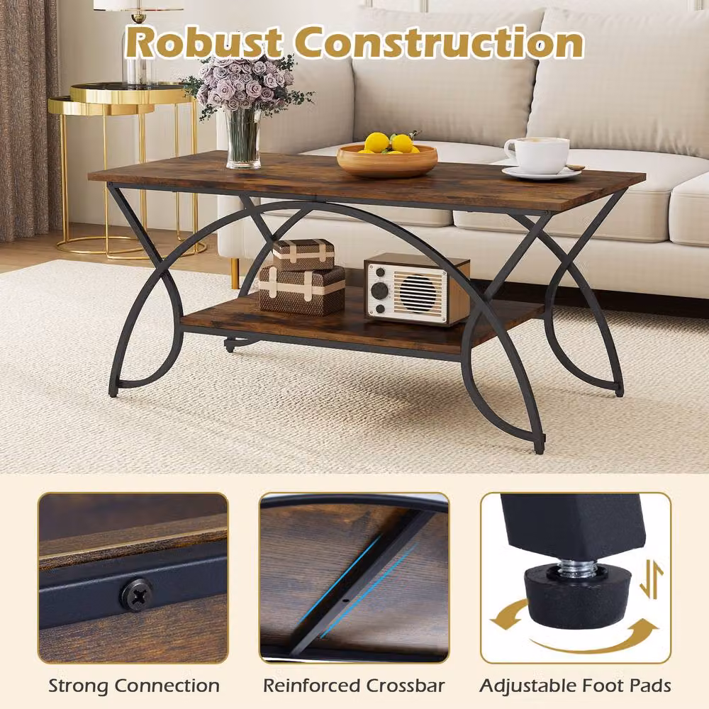 Gymax Industrial Style 2-Tier Metal Frame Coffee Table with Brown Wood Grain Finish – 6