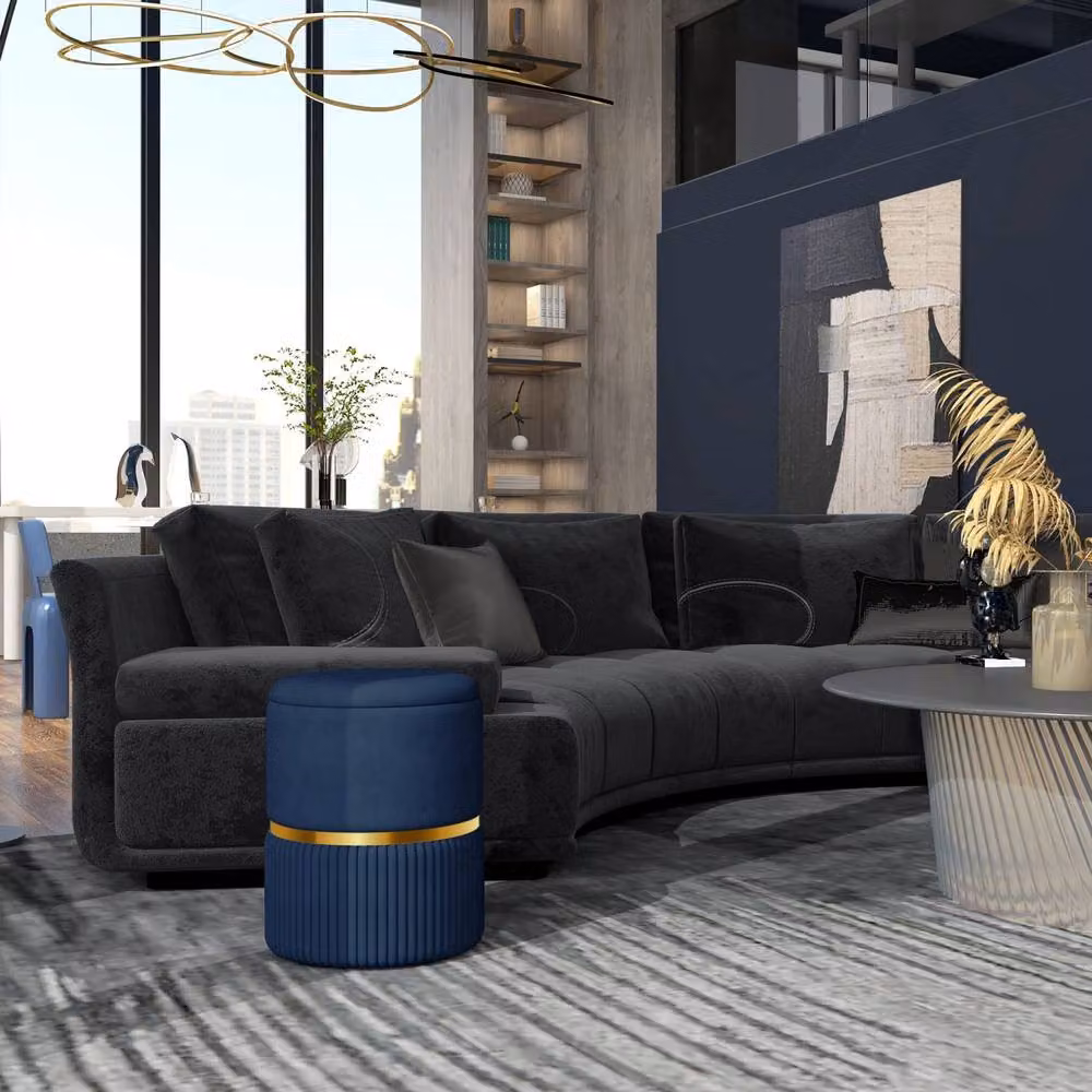 Wyld Haus Pazima Cylindrical Velvet Storage Ottoman in Dark Blue with Gold Accents – 3