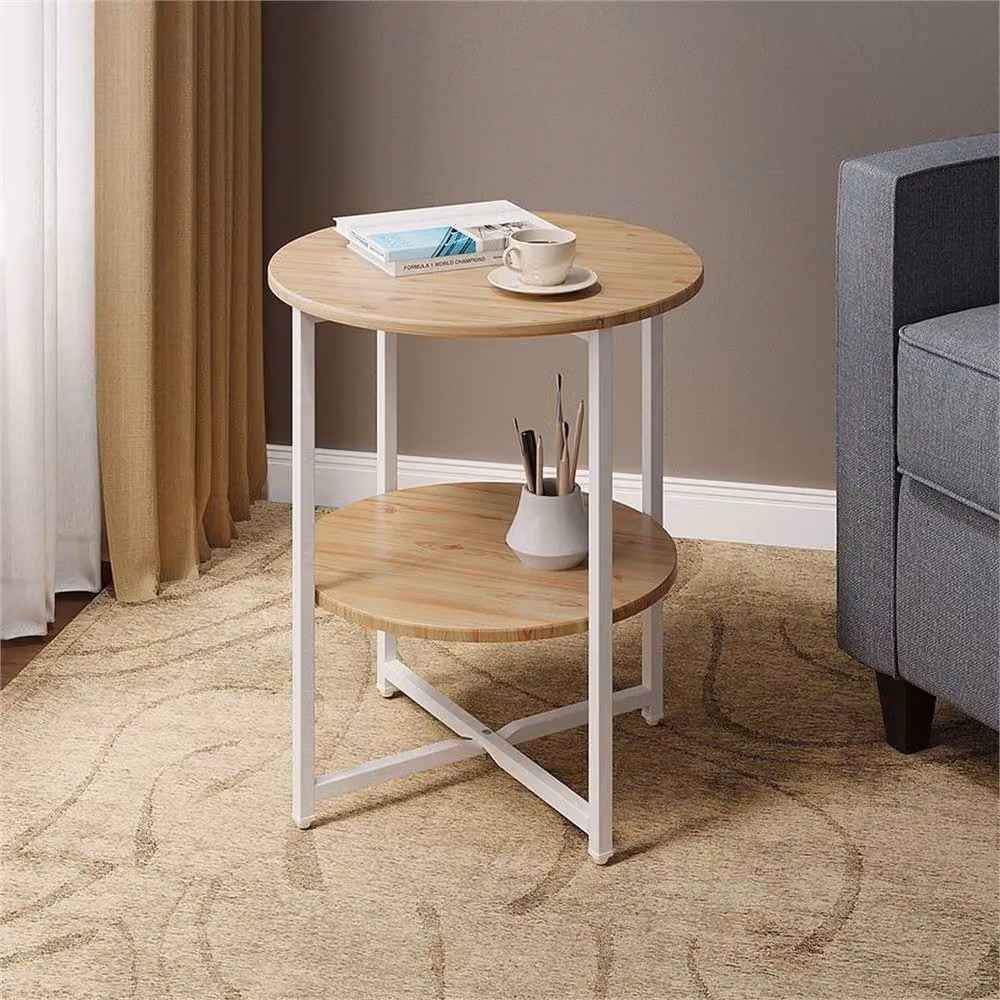 KORVIXA Natural Beige Round Coffee Table with 2-Tier Shelf, Diameter: 100 cm – 2
