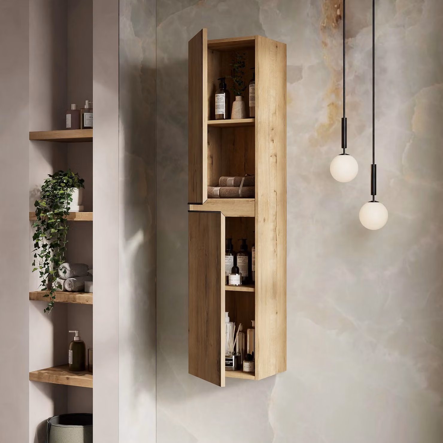 Banyetti Vatilla Wall Hung Tall Bathroom Cabinet in Ostippo Light Oak, H 150 cm x W 31 cm x D 35 cm