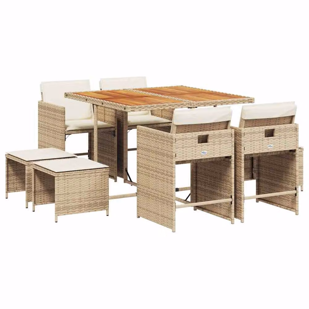 Berkfield Home Garden Modern Polyrattan Dining Set in Beige and Brown with Acacia Wood – 2