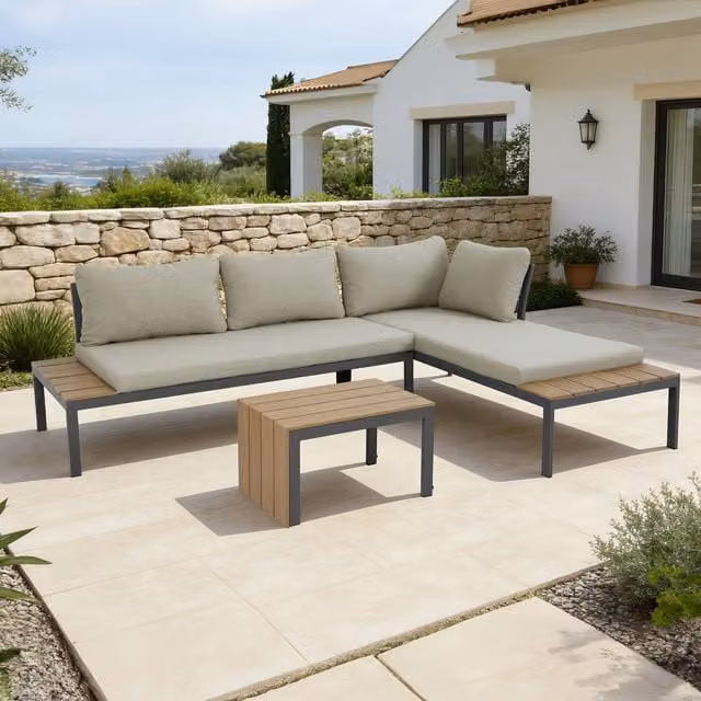 More4homes Tampa Garden Corner Sofa Set with Table in Beige and Grey