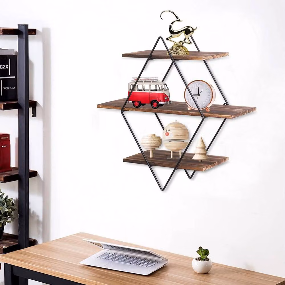NESTLUNE Industrial Geometric Wood Floating Wall Shelf in Black, W: 100 cm, D: 15 cm – 3