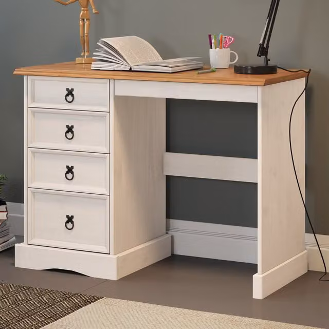 Mercers Furniture Corona Solid Wood Pine Dressing Table in Distressed White Wax, W/D/H: 105 x 49 x 78 cm