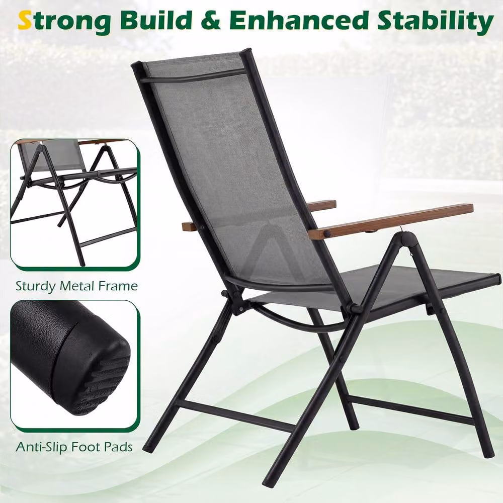 Costway Set of 2 Grey Folding Patio Chairs with 5-Position Backrests and Armrests – 8