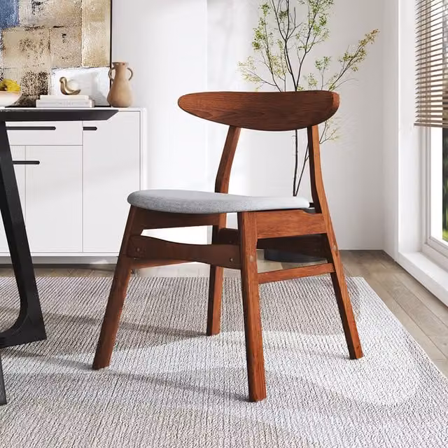Komore Set of 2 Mid-Century Dining Chairs with Wooden Frames and Grey Fabric Cushions in Brown