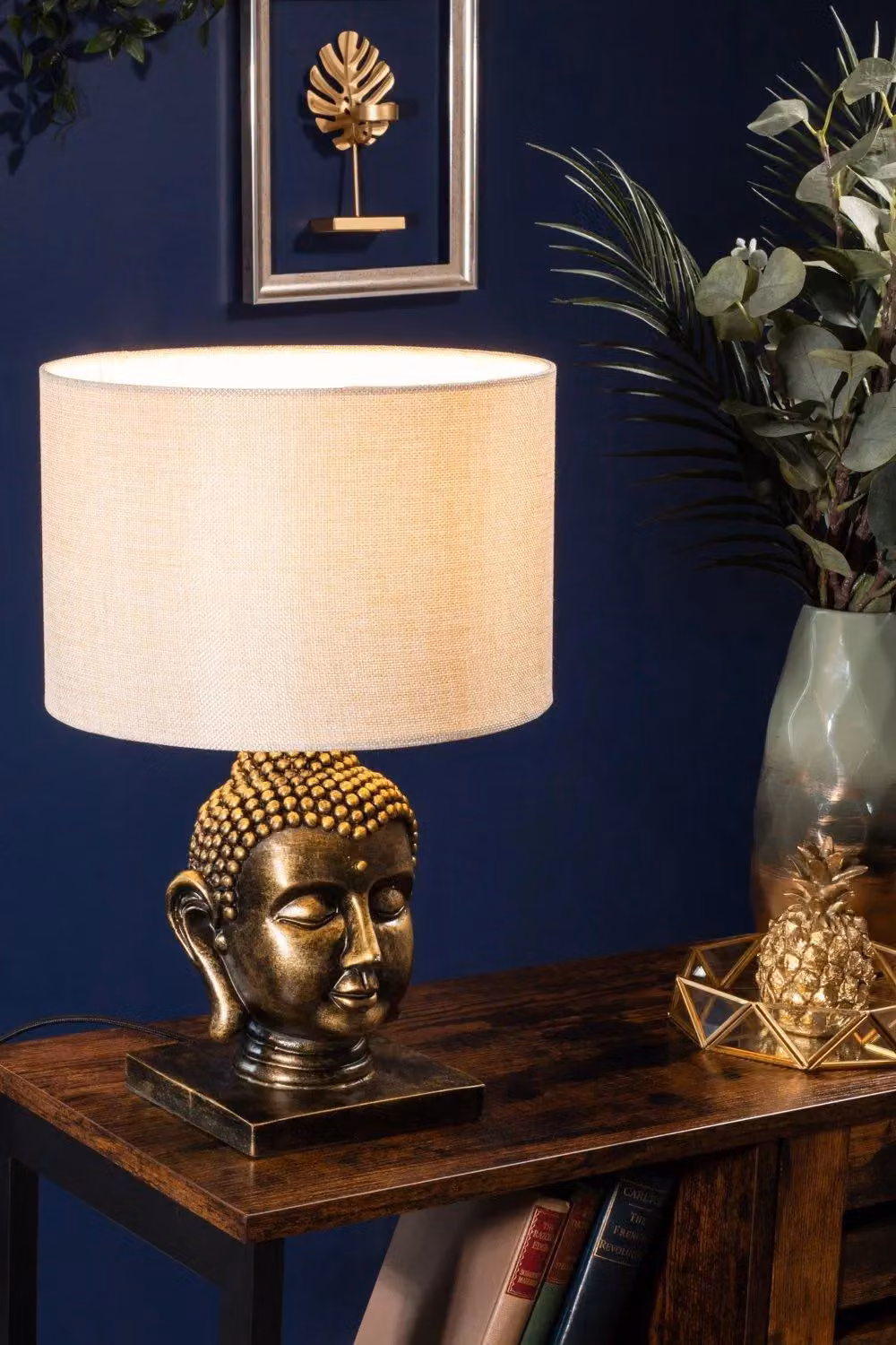 BHS Lighting Buddha Table Lamp in Gold and Beige Ceramic with Fabric Cylinder Shade – 2