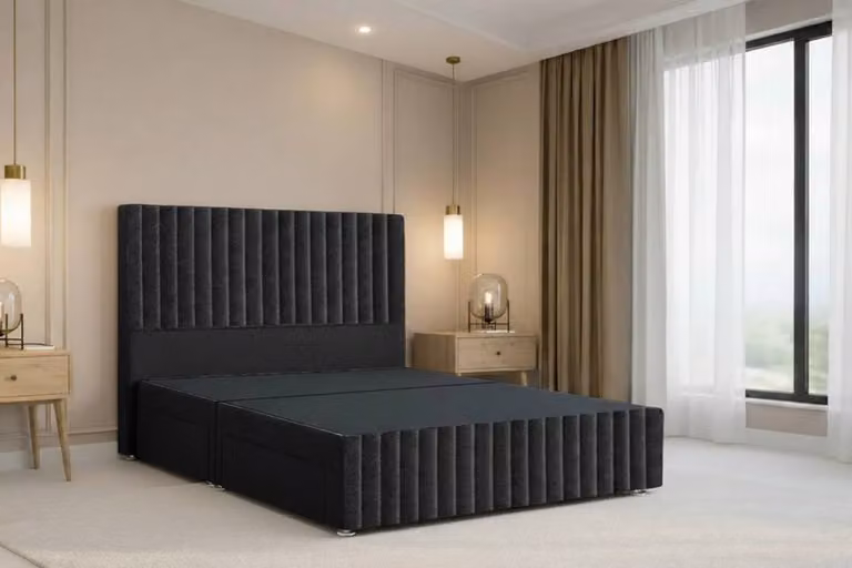 Nexus Mattresses Ltd Verona Plush Sprung Divan Set with 54 inch Headboard and Footboard, Black Velvet, Super King, W/D/H: 200 x 200 cm