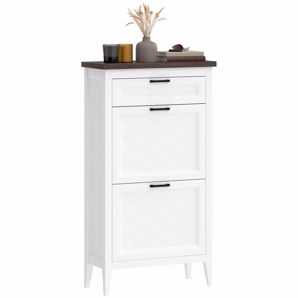 STILVORA White Lacquered Shoe Cabinet with 2 Tilting Compartments and Internal Shelves – 3