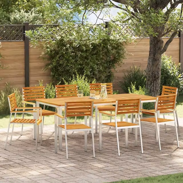 Berkfield Home Set of 8 Stacking Garden Chairs in Brown Solid Acacia Wood and Steel, W/D/H: 54.5 x 54.5 x 89 cm