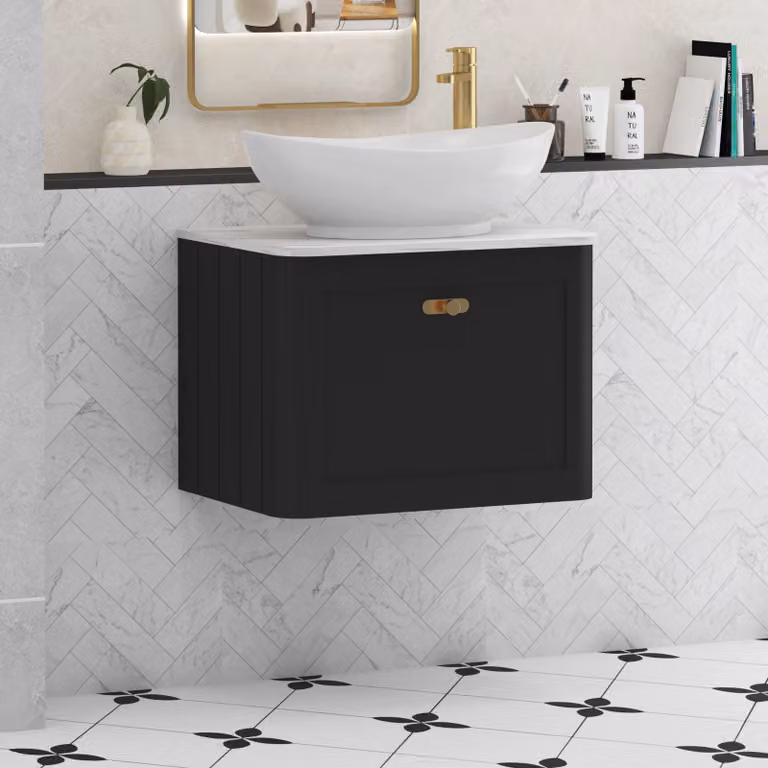 Royal Bathrooms Henley Matt Nocturne Black Wall Hung Vanity Unit with Carrara White Worktop and One Drawer