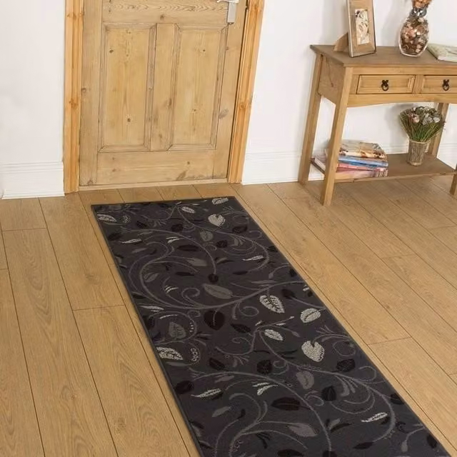 runrug Scroll Hallway Carpet Runner Rug in Grey, W: 60 cm, L: 390 cm