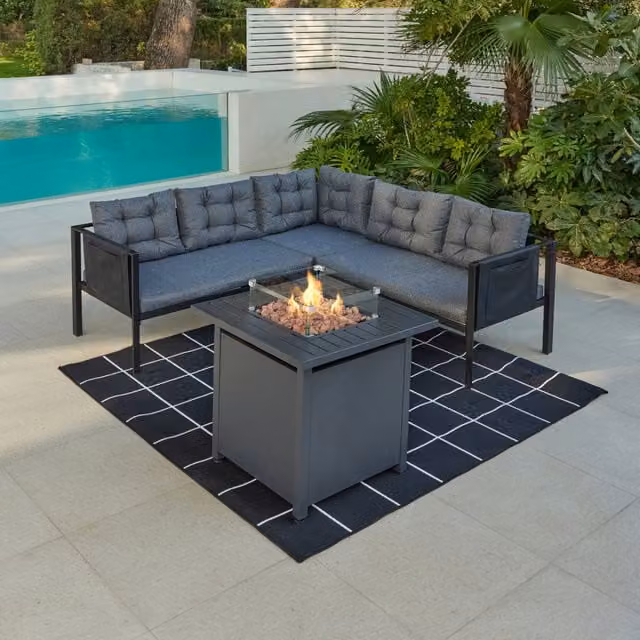 GRS Tara Black L-Shape Garden Sofa Set with Optional Fire Pit Table in Grey and Black
