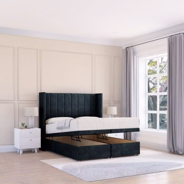 Sloomy Falcon Naples King Fabric Ottoman Bed with Hybrid Memory Mattress and Winged Floorstanding Headboard in Black, W/D/H: 180 x 200 cm