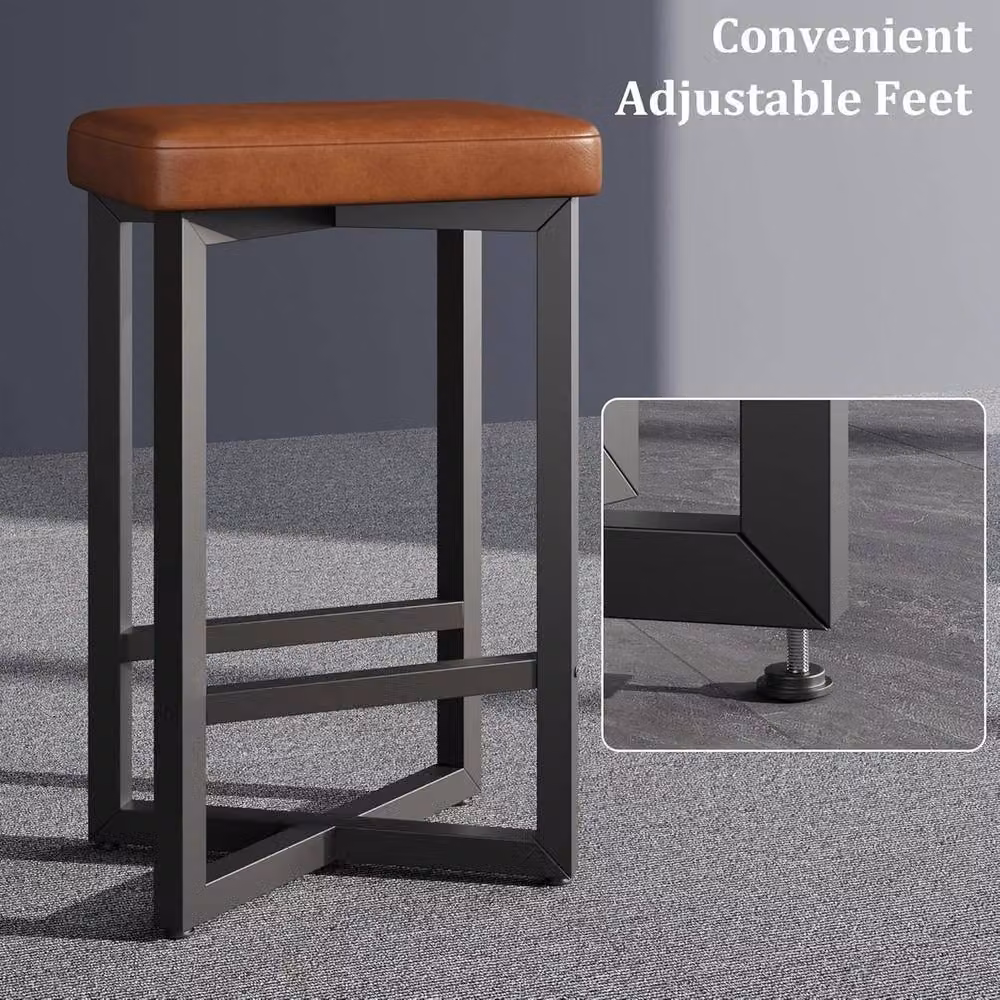 VOGREX Set of 4 Brown Synthetic Leather Upholstered Backless Counter Height Bar Stools with Metal Frames – 6