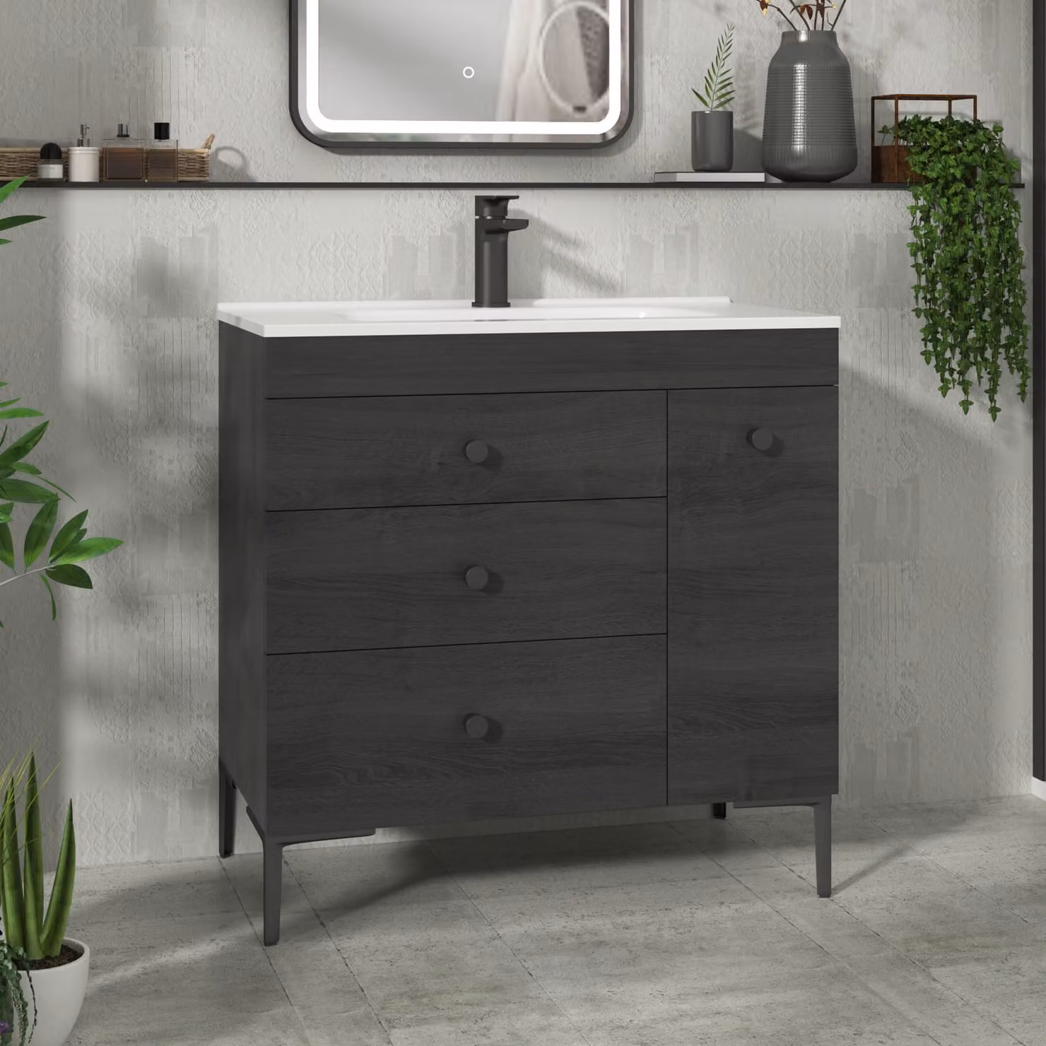Royal Bathrooms Verona 800mm Black Woodgrain Floor Standing Vanity Unit with 3 Drawers, Side Pull Out Storage and Ceramic Basin