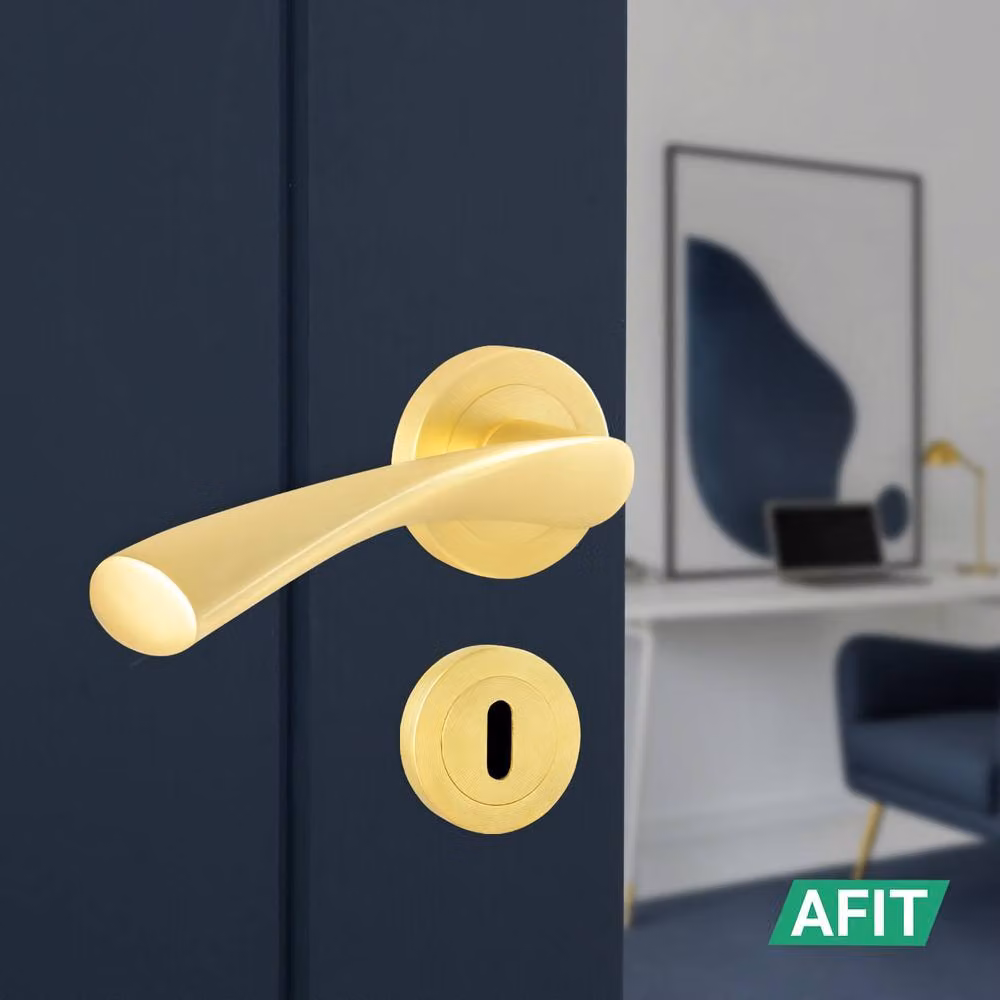 AFIT Novi Satin Brass Door Handle Pair with 64mm Sash Lock Escutcheon, Gold, W/D/H: 15 x 15 x 1.52 cm – 4