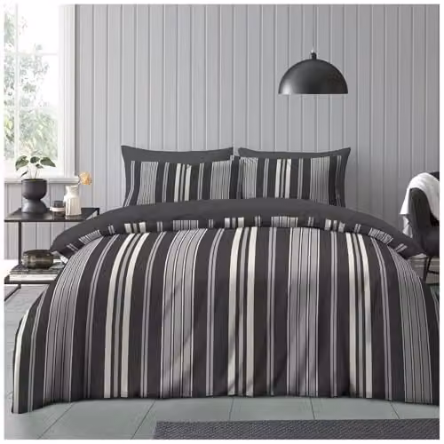 GAVENO CAVAILIA Junie King Size Striped Duvet Cover Set with Pillowcases, Grey and Multicolour Reversible Polyester and Cotton Bedding Set, W/D/H: 180 x 200 cm