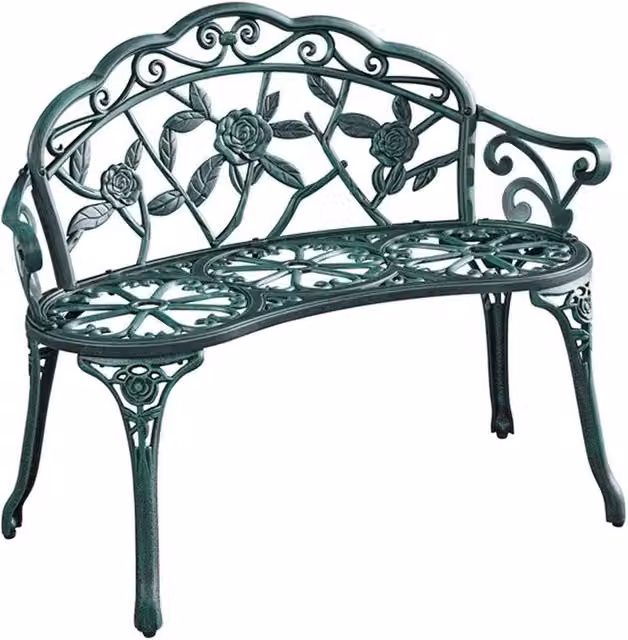 KORVIXA Green Cast Aluminium Garden Bench with Floral Design