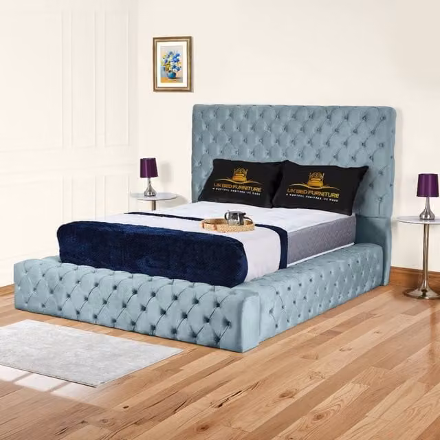UK Bed Furniture Ambassador Super King Ottoman Gas Lift Upholstered Velvet Bed in Light Blue – 1