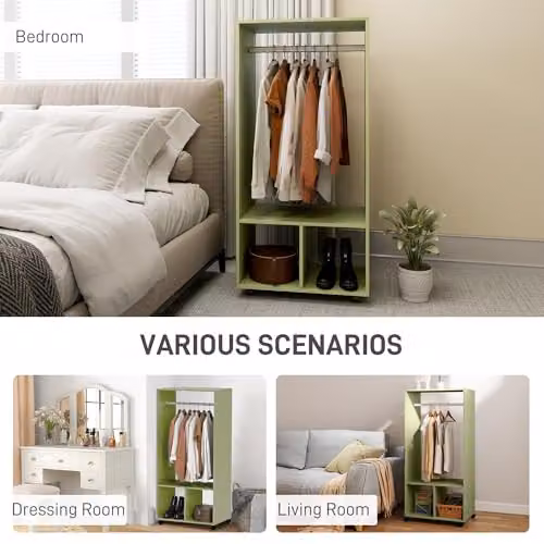 HOMCOM Mobile Open Wardrobe with Clothes Rail and Storage Shelves, Green, W: 40 cm, D: 40 cm, H: 128 cm – 4
