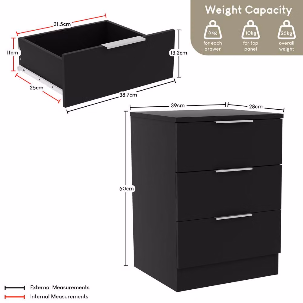 Vida Designs Trega 3 Drawer Bedside Chest Table Set of 2, Black – 4