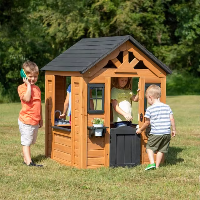 Backyard Discovery Sweetwater Cedar Wood Playhouse with Play Kitchen in Tan