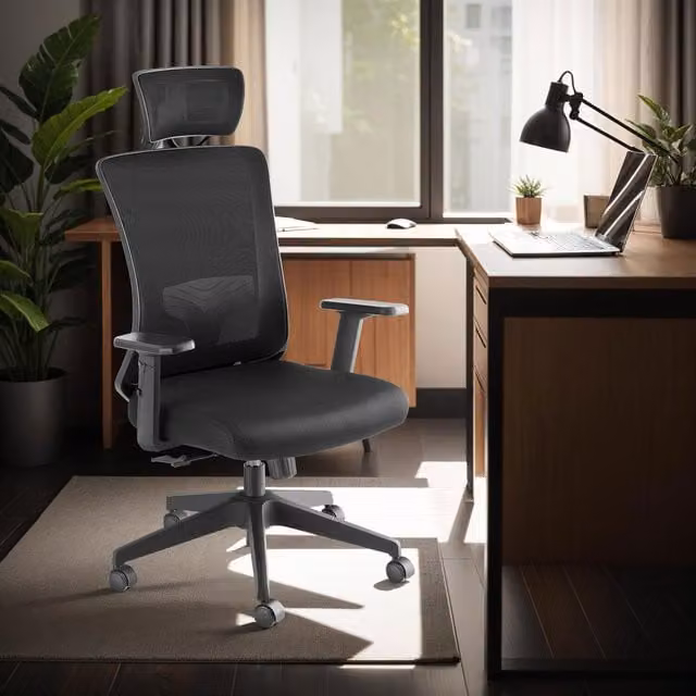 TECTAKE Phoebe Ergonomic Office Chair with Adjustable Headrest and Armrests, Black Fabric