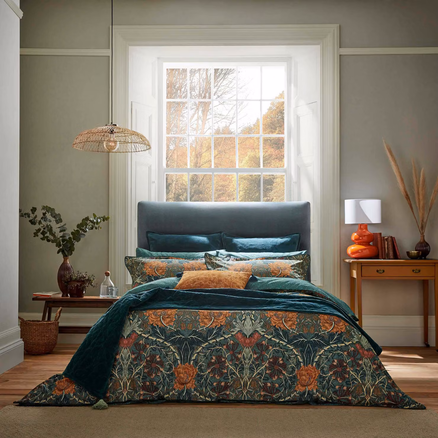 Morris & Co Honeysuckle & Tulip Organic Cotton Percale Double Duvet Cover Set in Mulberry and Petrol, W: 140 cm, L: 200 cm – 2