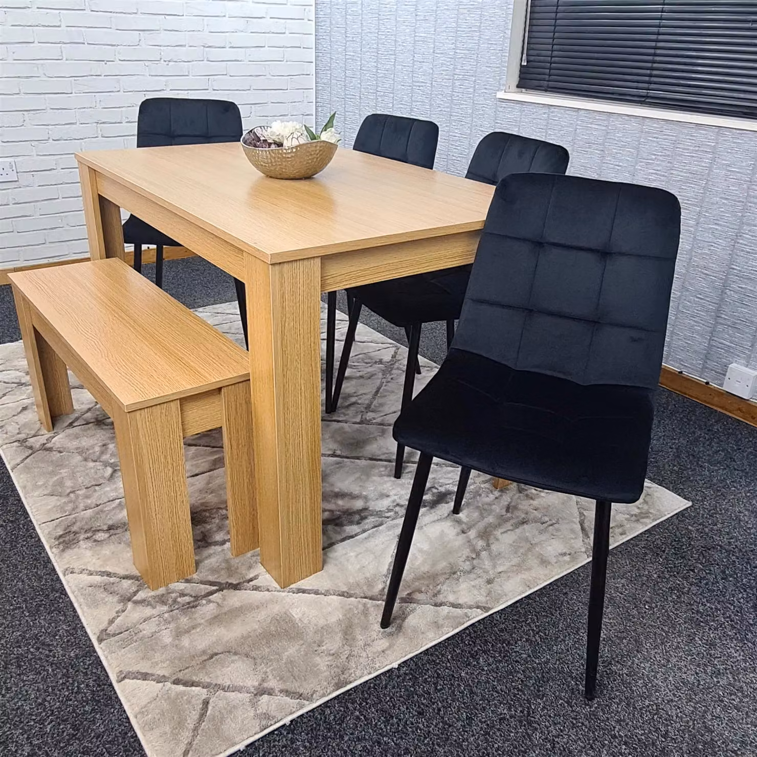 Kosy Koala Oak Effect Dining Set with Rectangular Brown Table, 4 Black Velvet Chairs and Bench – 4