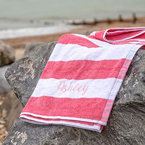 Duncan Stewart Personalised Striped Cotton Terry Pool Towel in Pink, W: 75 cm, L: 140 cm – 2