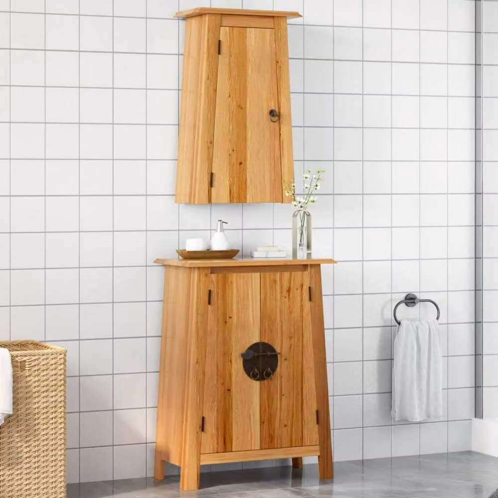 Berkfield Home 2 Piece Rustic Brown Solid Pine Bathroom Furniture Set with Wall Cabinet – 2