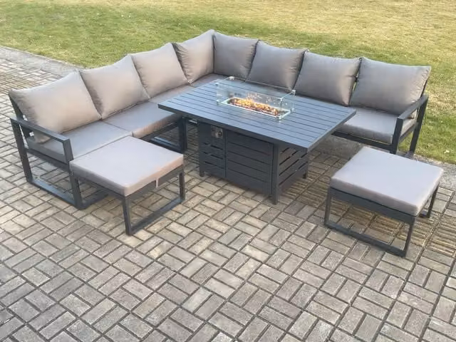 Fimous 9 Seater Aluminium Garden Furniture Set with Gas Fire Pit Dining Table and 2 Footstools in Dark Grey