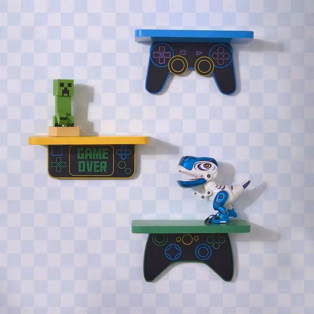 OHS Set of 3 Multicolour Glossy Gaming Novelty Floating Wall Shelves for Children