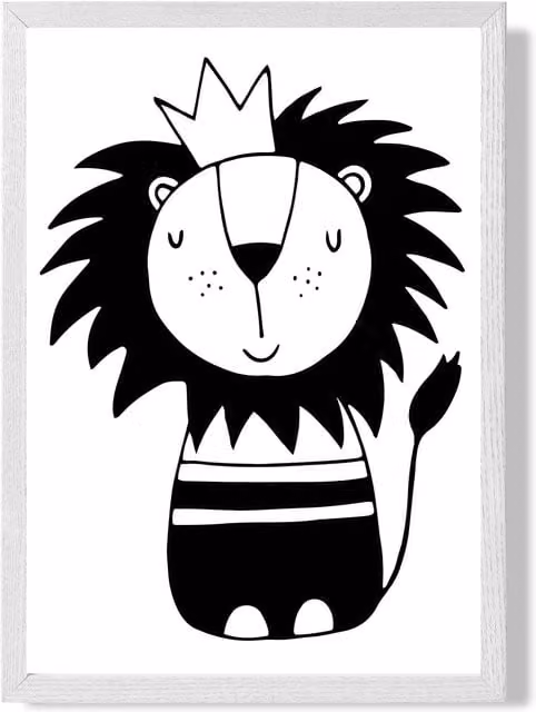 ARTZE Cute Black Lion Scandi Animal Framed Print in White – 1