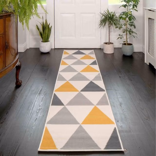 The Rug House Geometric Diamond Living Room Rug in Grey and Ochre, W: 320 cm, D: 80 cm