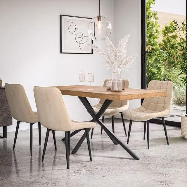 More4Homes Donni Dining Table and 6 Nova Velvet Chairs Set, Oak Effect Table with Black Legs and Beige Chairs