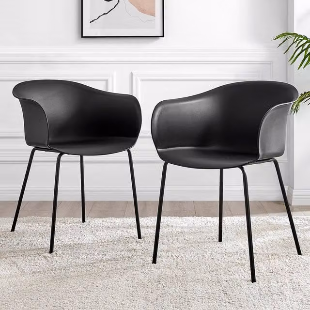 FurnitureboxUK Set of 2 Harper Dining Chairs in Black Synthetic Leather with Armrests and Black Metal Legs