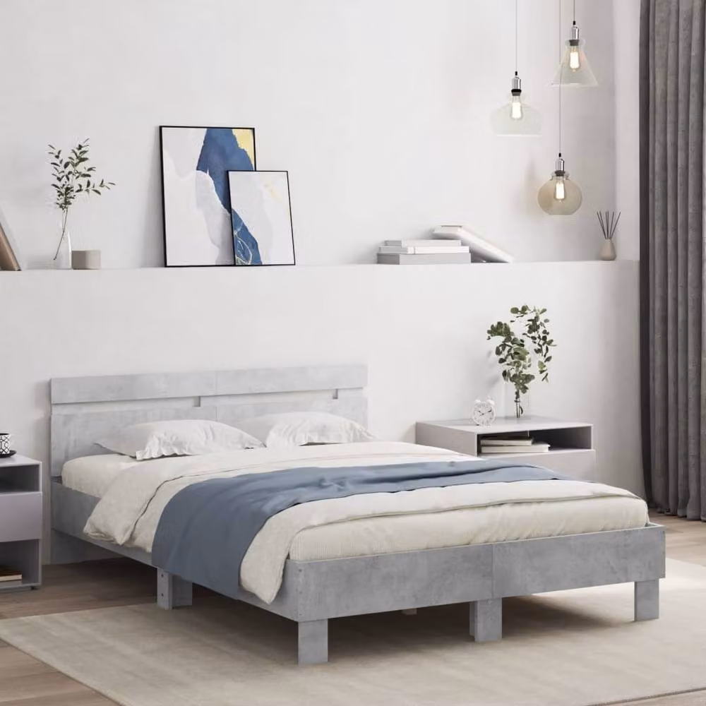 Berkfield Home Modern Double Bed Frame with LED Under-Bed Lighting and USB Charging Port in Concrete Grey, W: 135 cm, L: 190 cm – 2