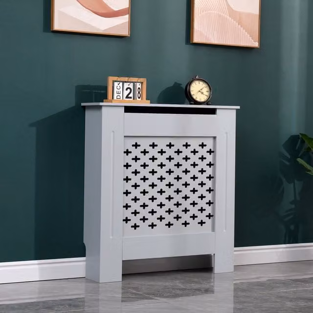 WestWood Grey MDF Wooden Wall Shelf Radiator Cover with Geometric Cross Design