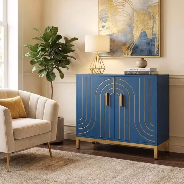 VOGREX Navy Blue and Gold 2-Door Accent Cabinet with Adjustable Shelving – 1