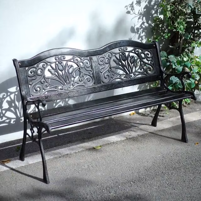 Livingandhome Classic Black Outdoor Garden Bench with Floral Backrest Design