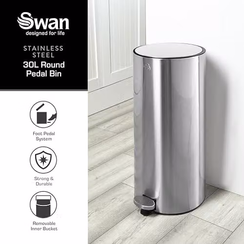 Swan 30L Round Silver Stainless Steel Pedal Bin with Soft Close and Removable Inner Bucket – 2