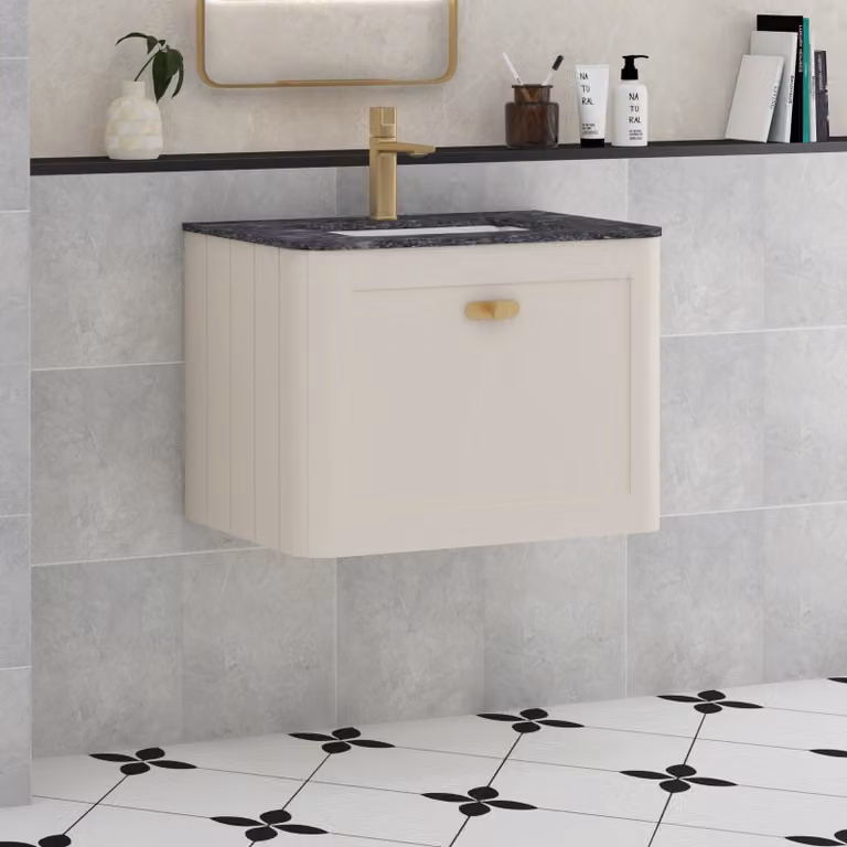 Royal Bathrooms Henley 600mm Wall Hung Vanity Unit in Mushroom Cashmere with Black Star Stone Top and Brushed Brass Knob
