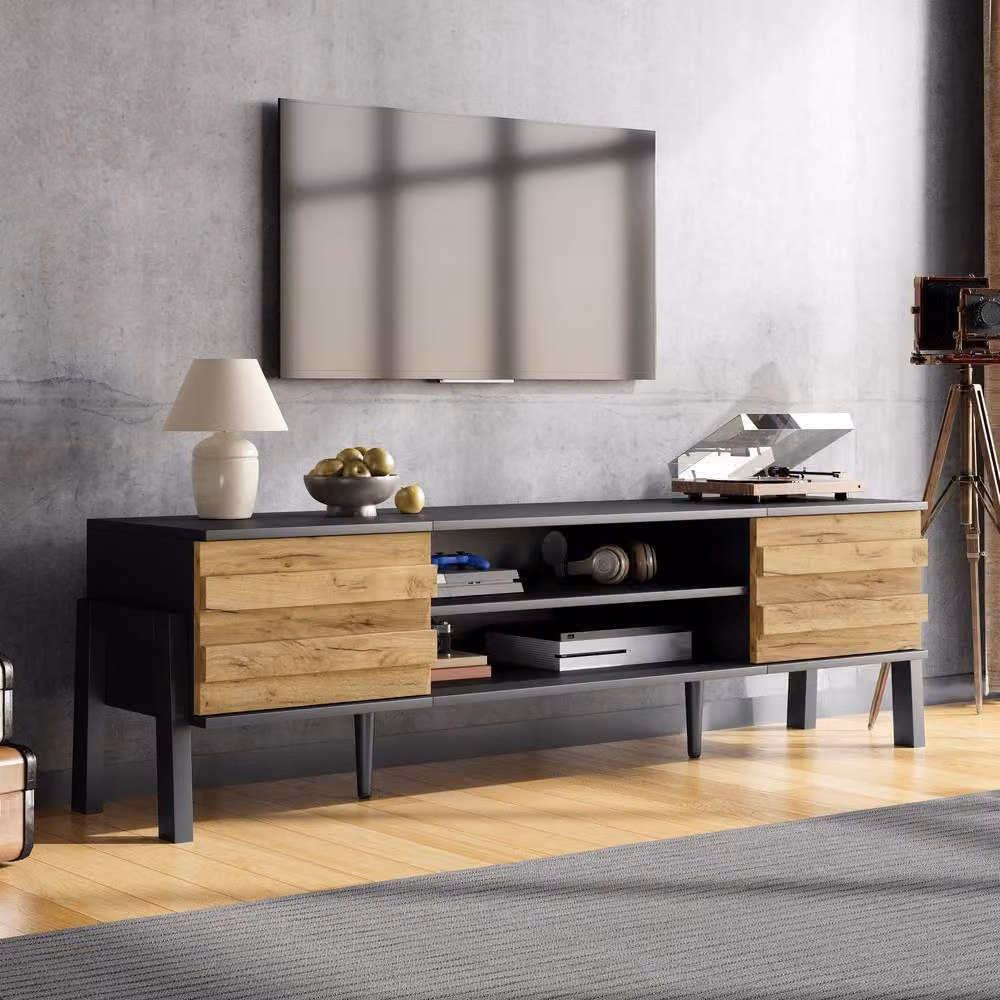 ModernLuxe Modern TV Cabinet with 2 Doors and Open Storage Space in Natural – 2